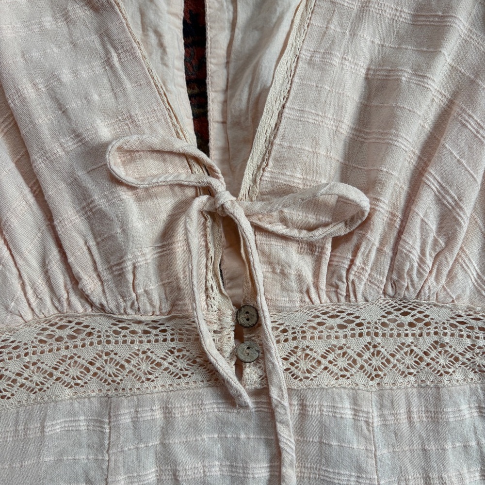 Free People Pale Peach Cotton Sundress with Puff Sleeves and V-Neck - Picture 3 of 6